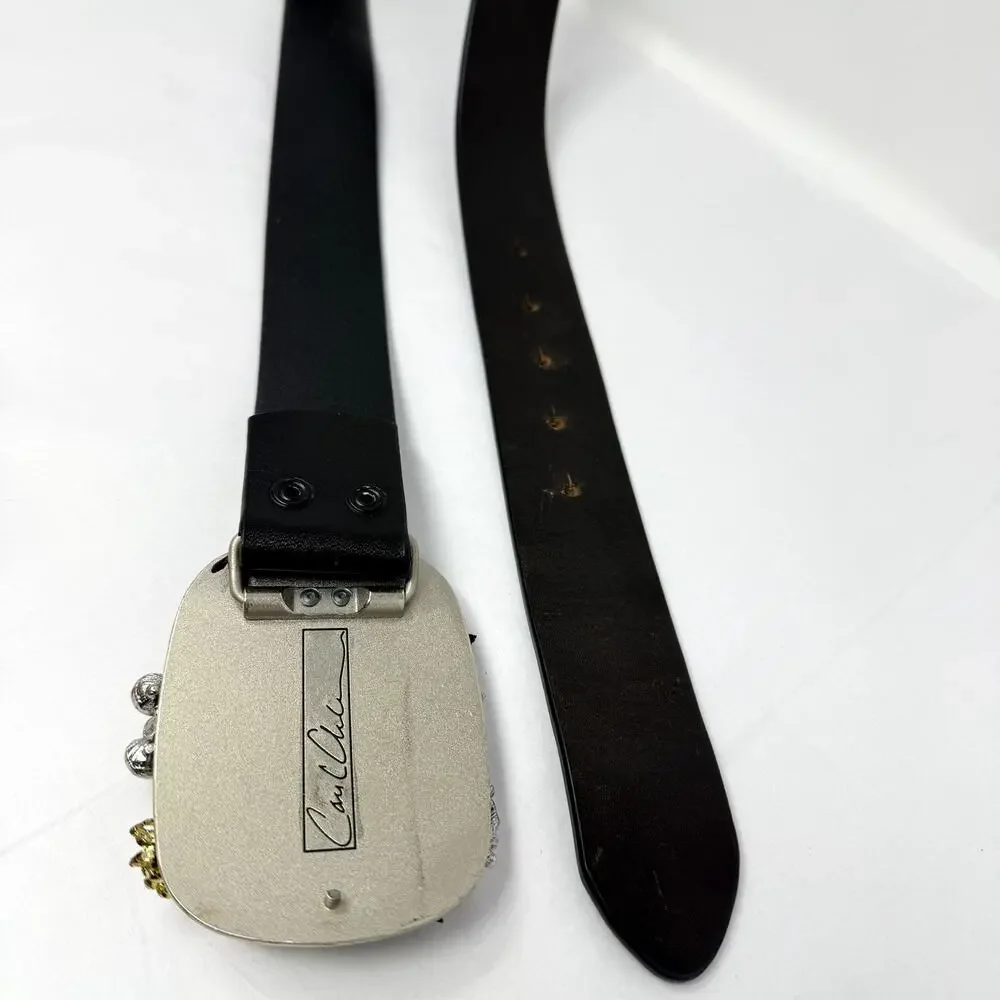 Vintage Artisan Embellished Belt Leather Strap Signed Buckle 1980s Repair